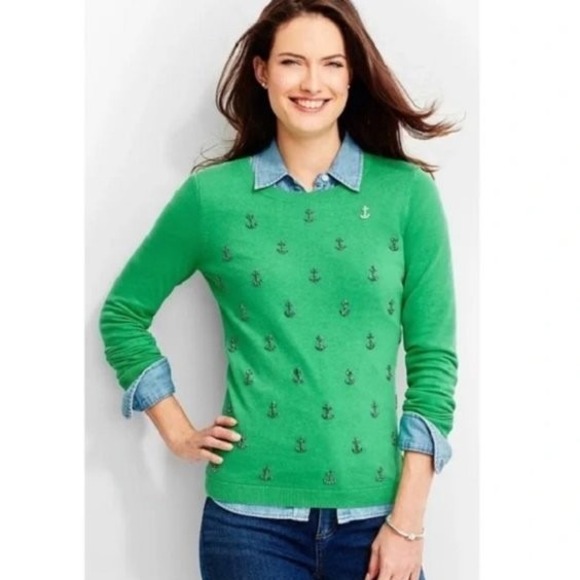 Talbots Kelly Green Anchor Embellished Long Sleeve Sweater Women's XLP - Picture 2 of 11